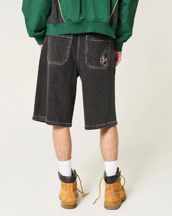 Washed Black Cat Graphic Super Baggy Denim Shorts Washed Black Cat Graphic Super Baggy Denim Shorts